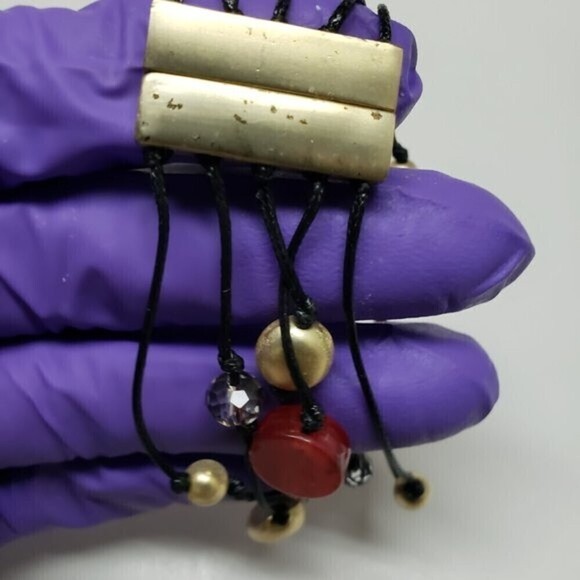 Women's Layered Black cord, Gold tone, Red & Clear Beads Bracelet, magnetic lock - Picture 6 of 10